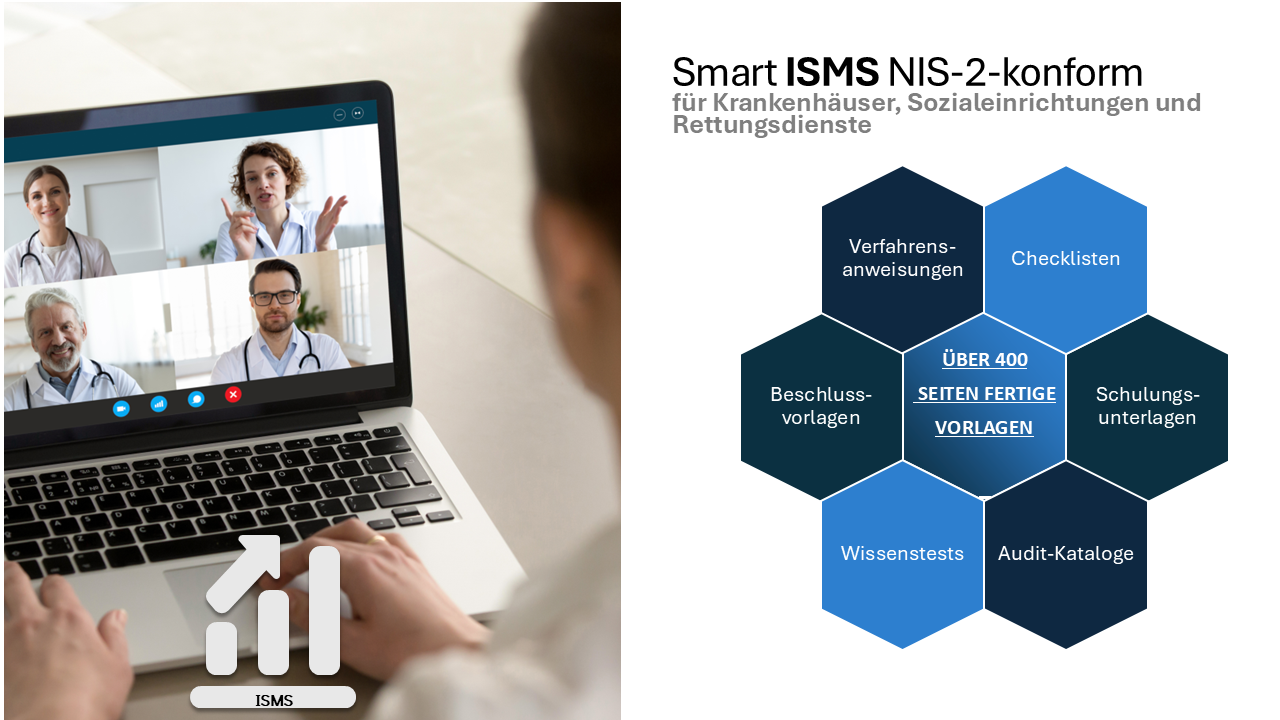 Smart ISMS NIS-2-konform – Übersicht der Module: Verfahrensanweisungen, Checklisten, Beschlussvorlagen, Schulungsunterlagen, Wissenstests, Audit-Kataloge