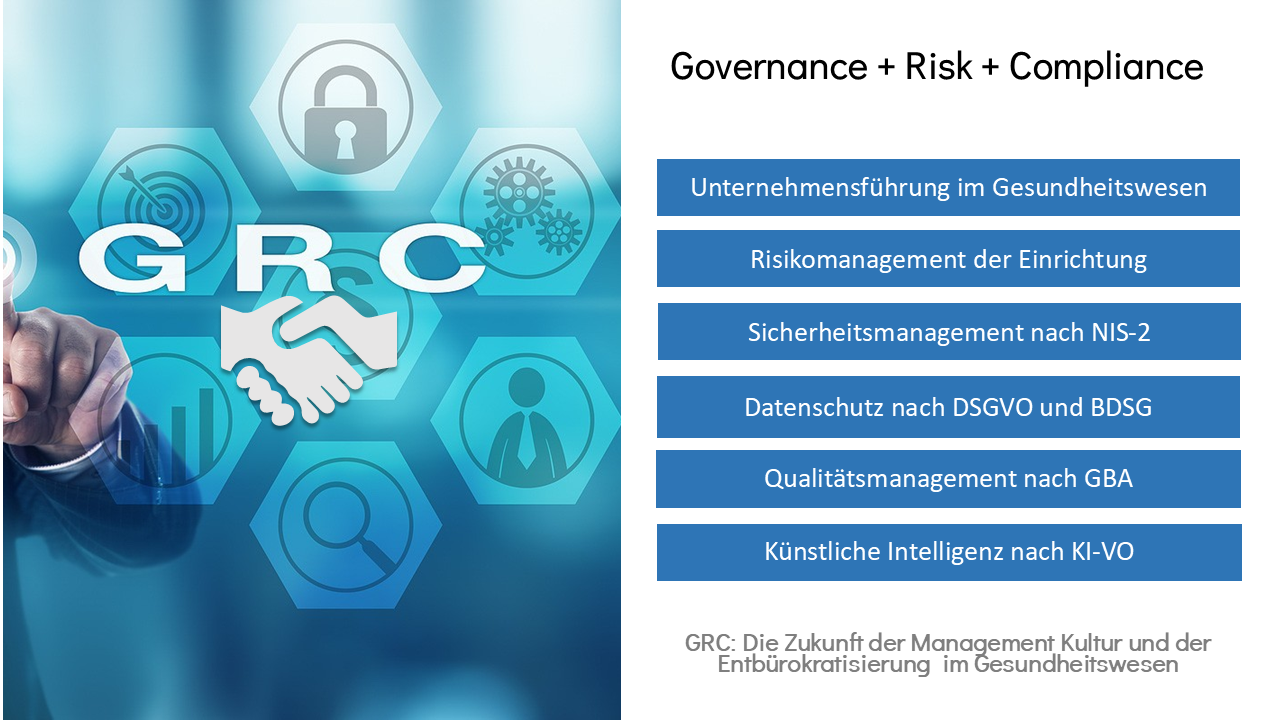Governance + Risk + Compliance: Unternehmensführung im Gesundheitswesen, Risikomanagement der Einrichtung, Sicherheitsmanagement nach NIS-2, Datenschutz nach DSGVO und BDSG, Qualitätsmanagement nach G-BA, Künstliche Intelligenz nach KI-VO